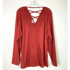 Maurices Strappy Ribbed Knit Shirt w/Crochet Size 2X Rust V-Neck Front and Back